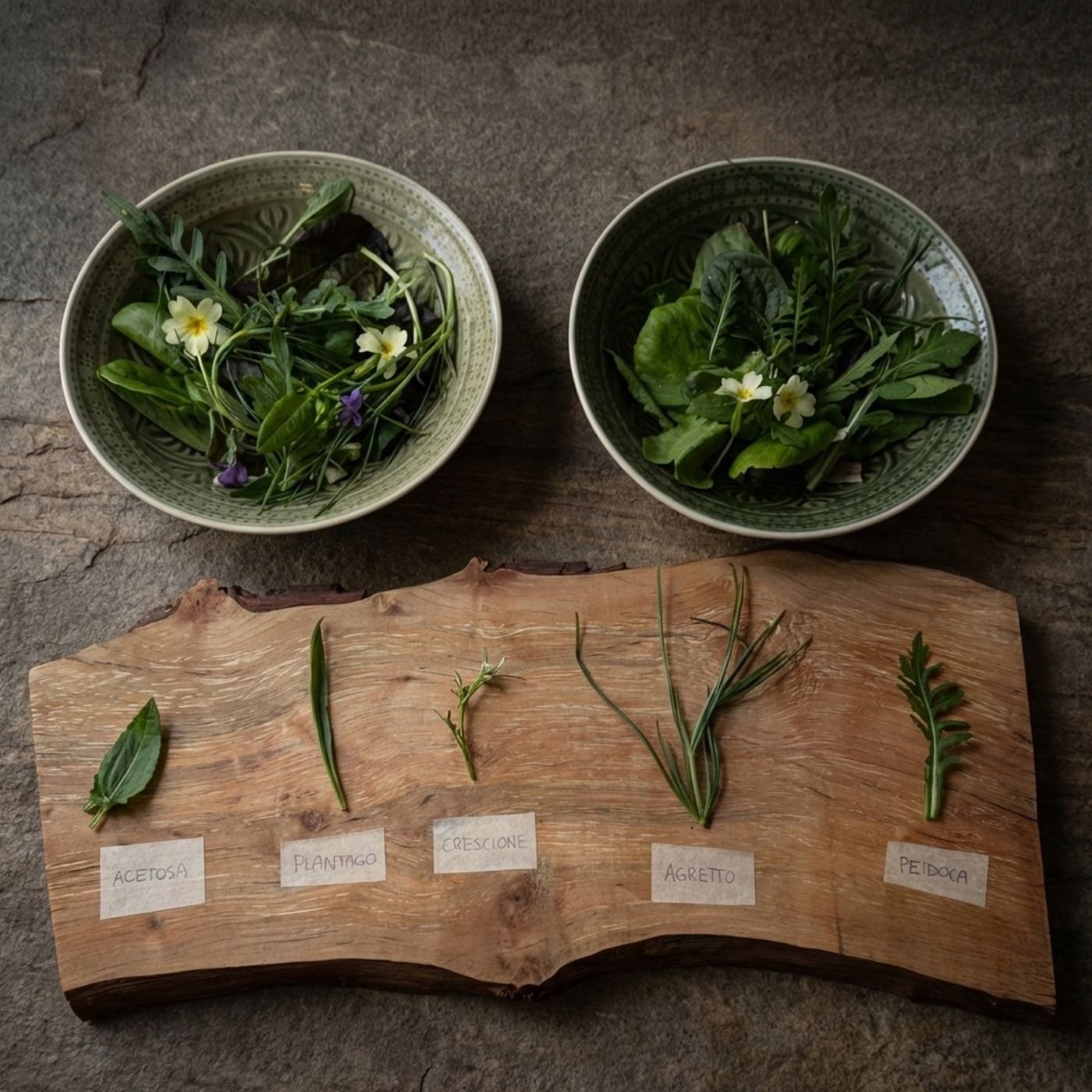 Wild herbs laid out and labeled by hand